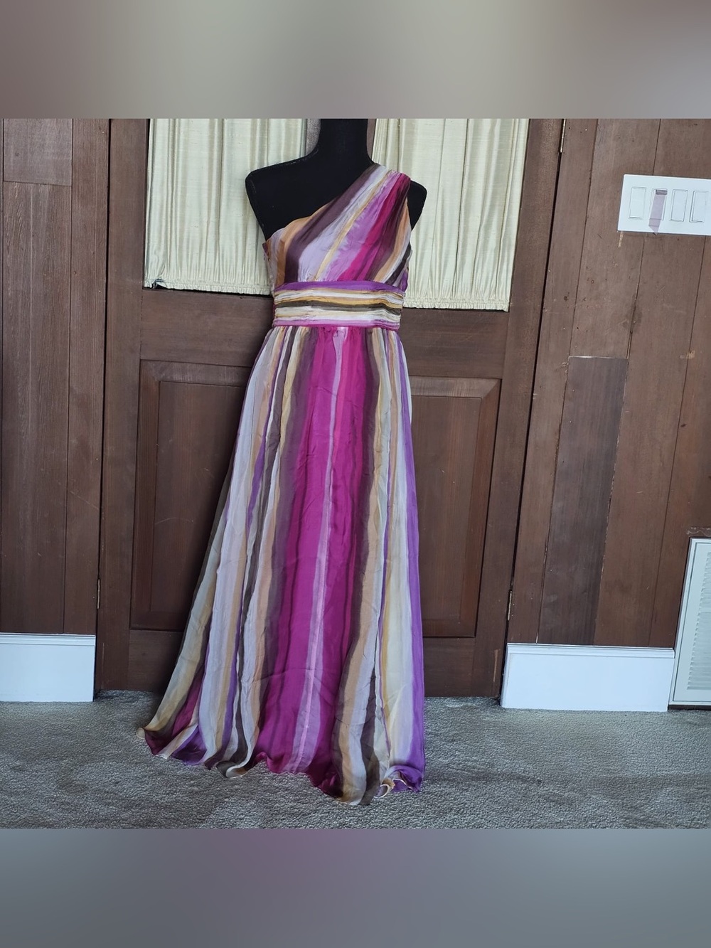 One-Shoulder Striped Maxi Dress in Pink and Purple